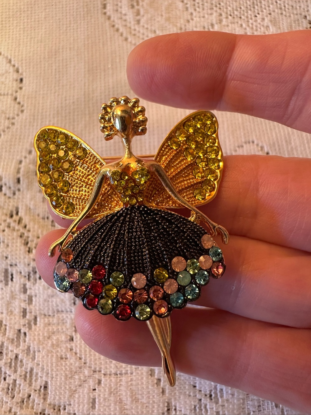 Gold Fairy Brooch/Pendent with Black Skirt and Multicolor Crystals. Moving legs. - Picture 3 of 5